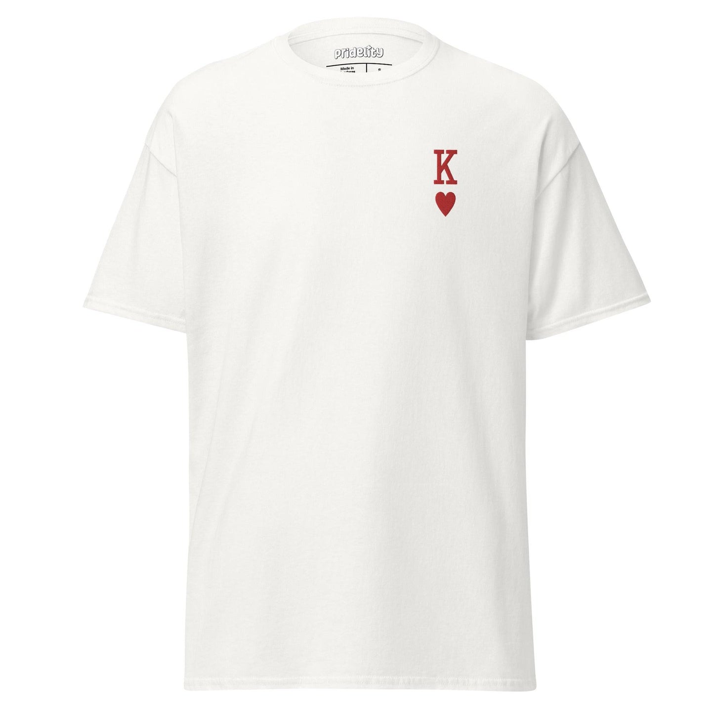 A white King of Hearts T-Shirt by Pridelity, featuring a small red letter "K" and a heart symbol on the left chest area.