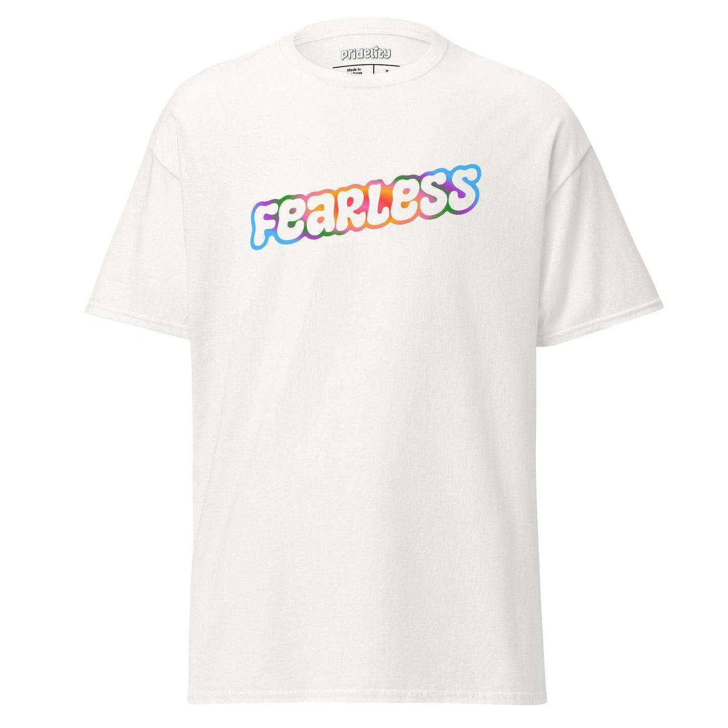 Introducing Pridelity's Fearless T-Shirt: a black tee featuring "Fearless" emblazoned in bold, colorful letters across the chest. This item is part of Pridelity's vibrant pride collections, celebrating courage and authenticity.