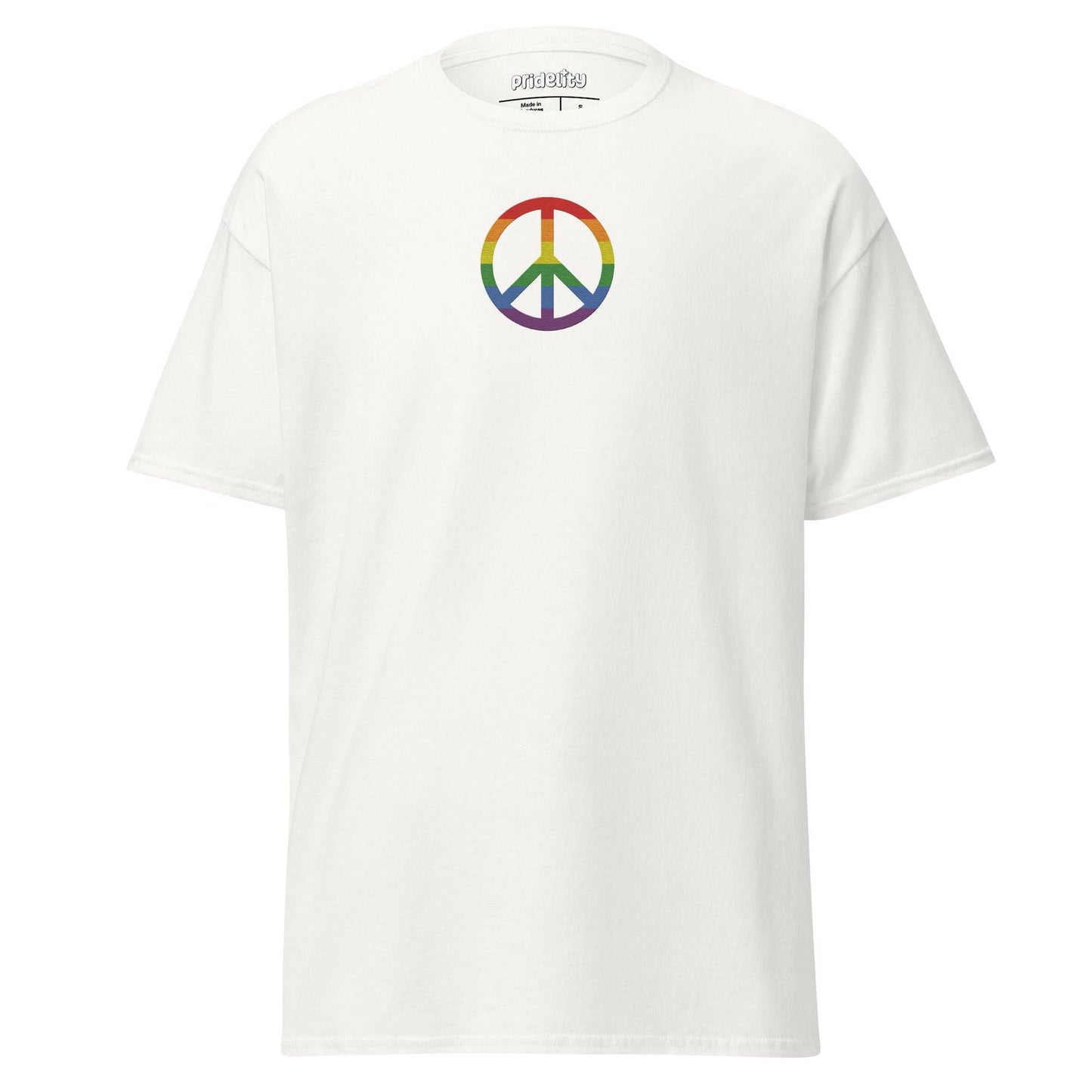 Pridelity's black Peace T-Shirt showcases a rainbow-colored peace symbol prominently in the center.