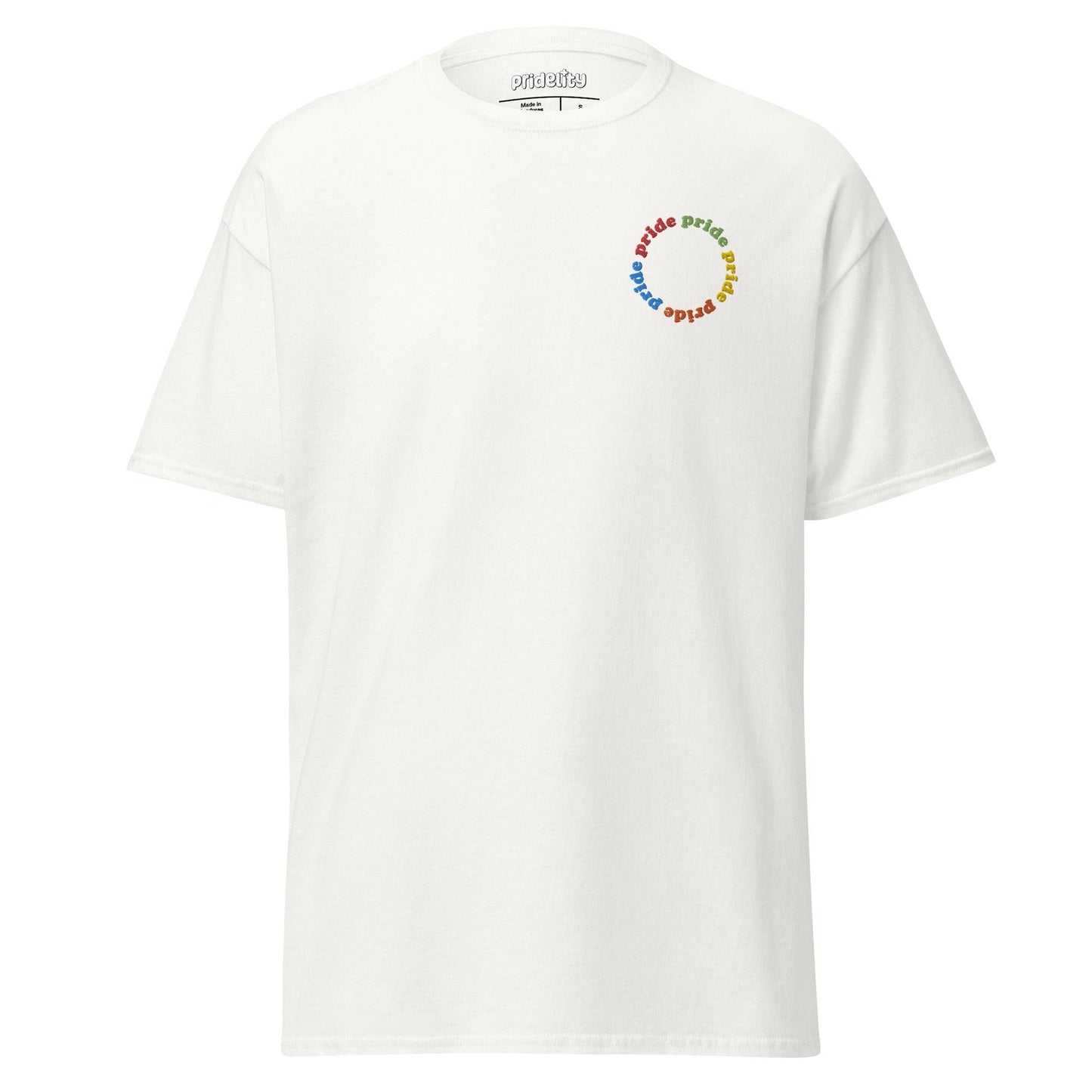 The Pride Circle T-Shirt by Pridelity showcases a beige shirt adorned with a vibrant "pride" text design arranged in a circular pattern on the upper left.
