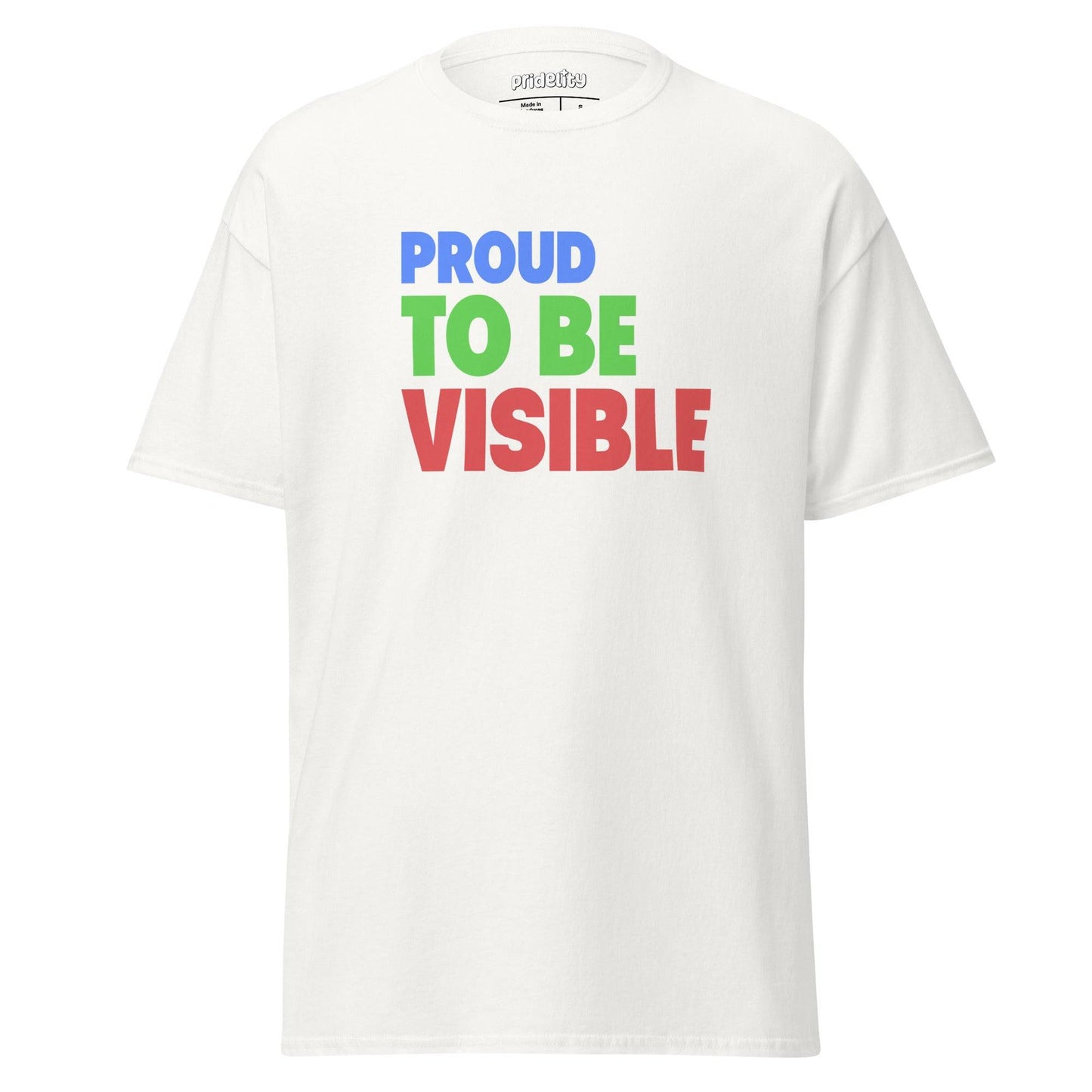 A light blue "Proud To Be Visible" T-shirt by Pridelity, featuring bold and colorful text in blue, green, and red, is showcased against a plain white background.