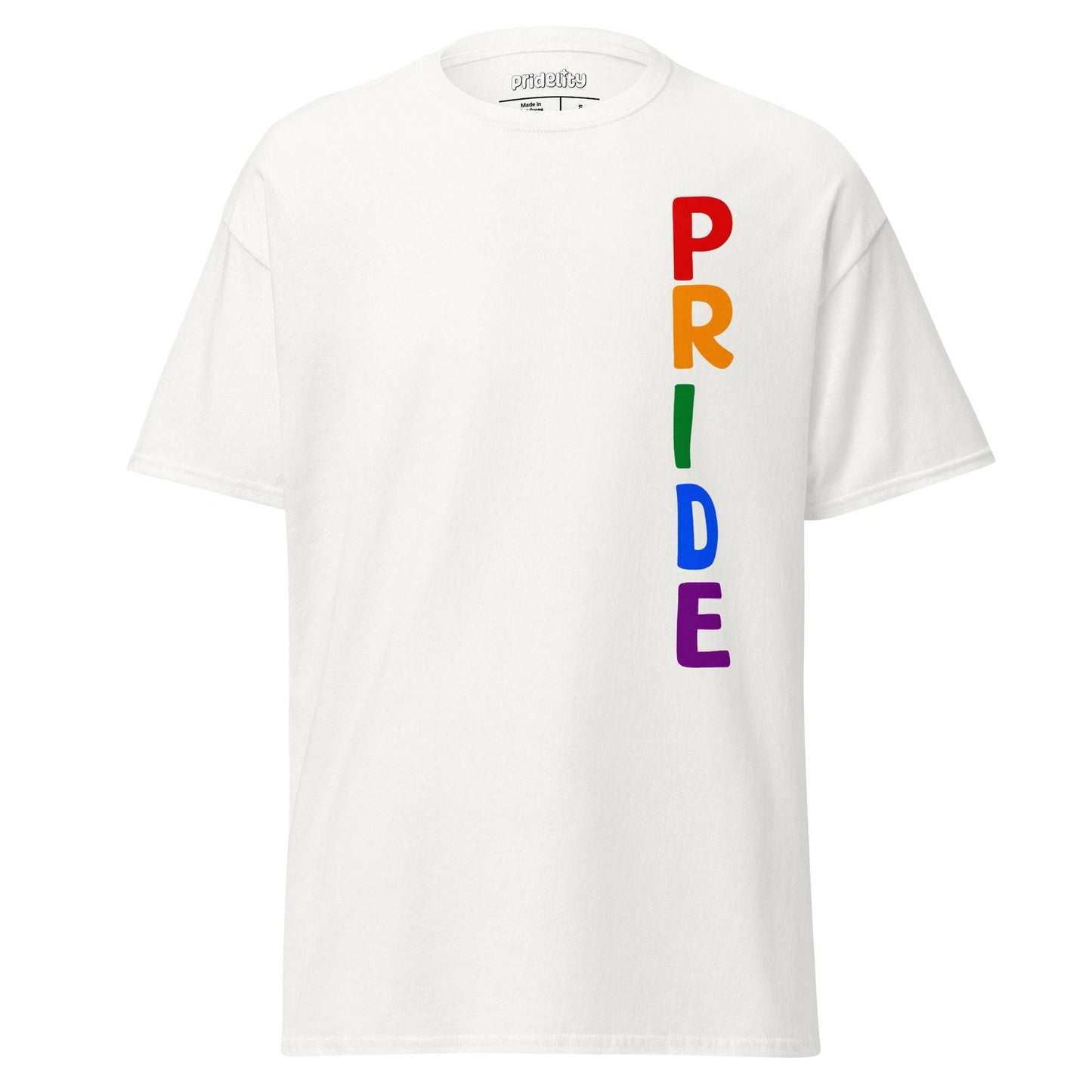 The Pride Vertical T-Shirt by Pridelity is available in light blue and prominently displays the word "PRIDE" vertically on the right side, featuring an array of vibrant rainbow colors: red, orange, yellow, green, blue, and purple.