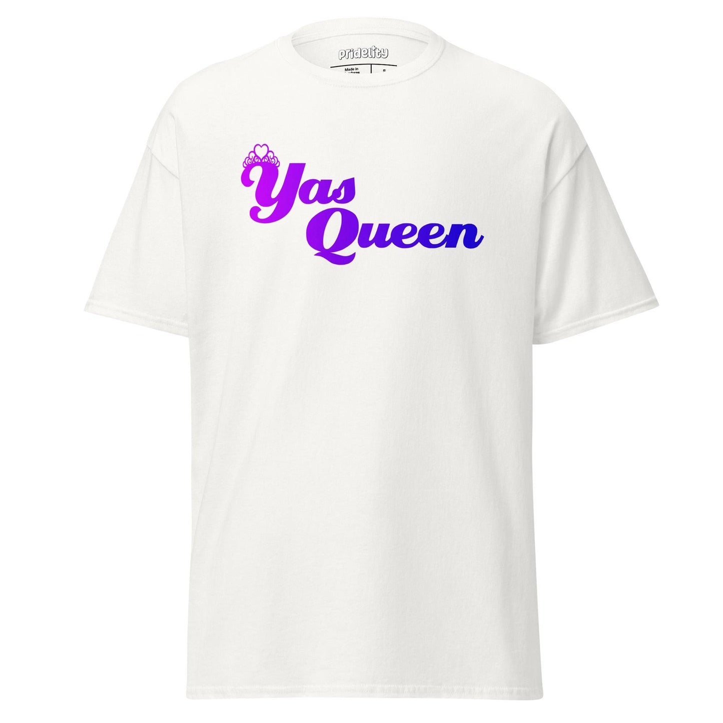 Introducing the Yas Queen T-Shirt by Pridelity, a black pride tee showcasing "Yas Queen" in eye-catching purple and blue gradient lettering, topped with a delicate crown graphic.