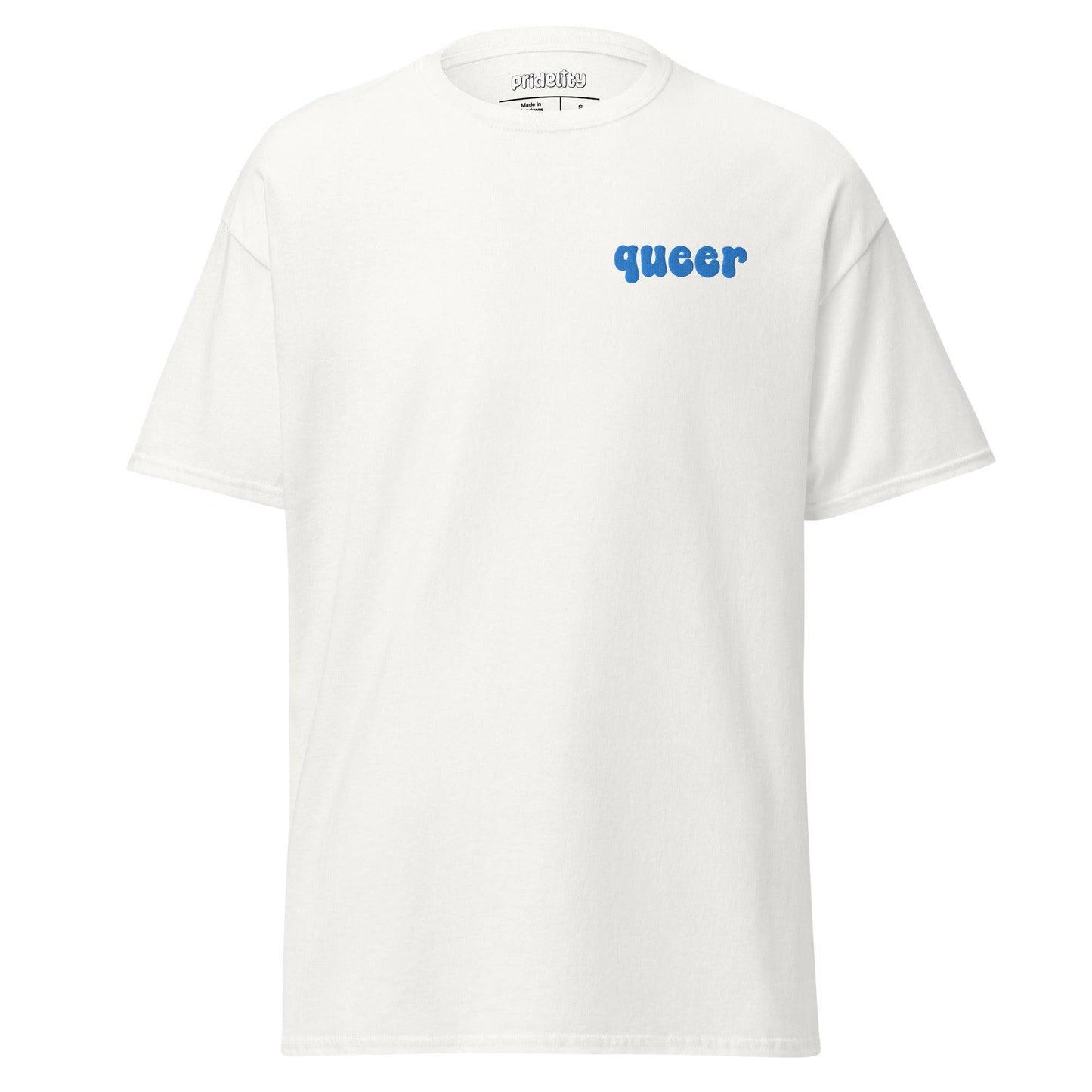 Pridelity's "Queer T-Shirt" in white showcases the word "queer" in striking bold blue text on the upper left side.