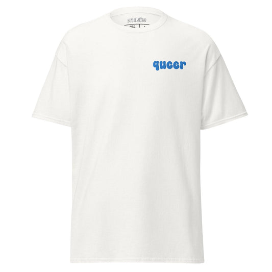 Pridelity's "Queer T-Shirt" in white showcases the word "queer" in striking bold blue text on the upper left side.