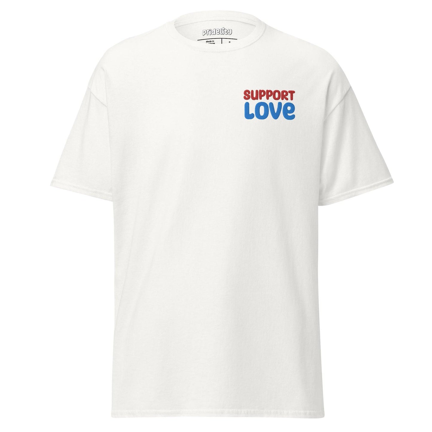 Light blue Support Love T-Shirt by Pridelity showcasing "SUPPORT LOVE" prominently printed on the front in striking red and blue font.
