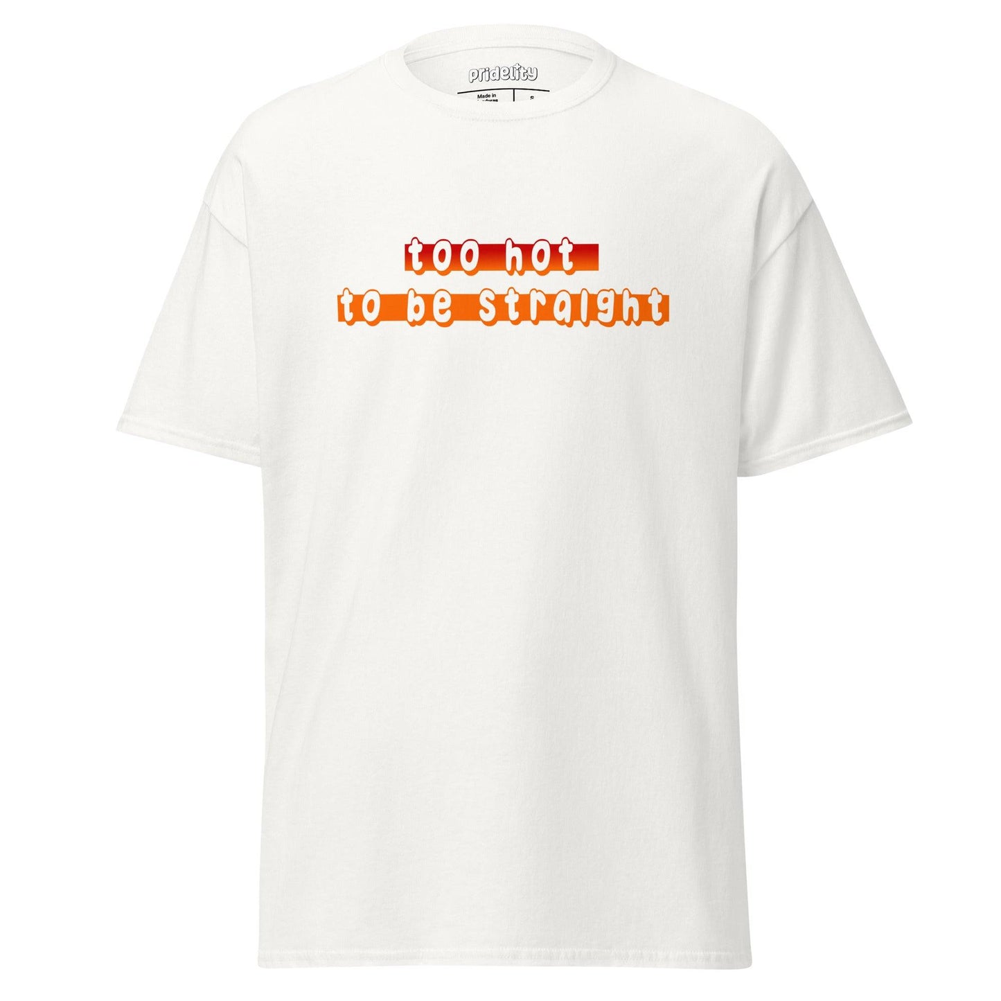 The Pridelity "Too Hot To Be Straight" T-shirt features a bold statement with its colorful text across the chest. Its simple and casual design makes it an eye-catching choice for any occasion.