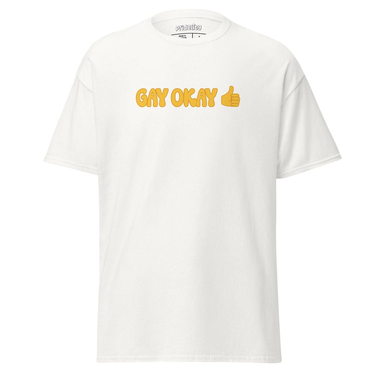 A black T-shirt with the phrase "GAY OKAY" printed prominently in vivid yellow letters, alongside a yellow thumbs-up emoji. The brand name "Pridelity" is stylishly featured on the inside label at the neckline, making it an ideal addition to this year's pride collections.