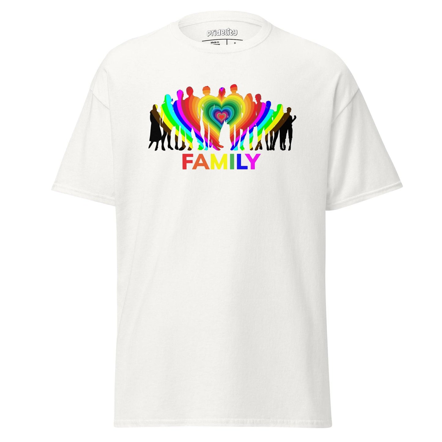 A natural-colored Family T-Shirt from Pridelity's pride collection features a striking rainbow silhouette of a family with a heart at the center. The word "FAMILY" is elegantly displayed in rainbow colors below, making it an essential piece of pride merchandise.