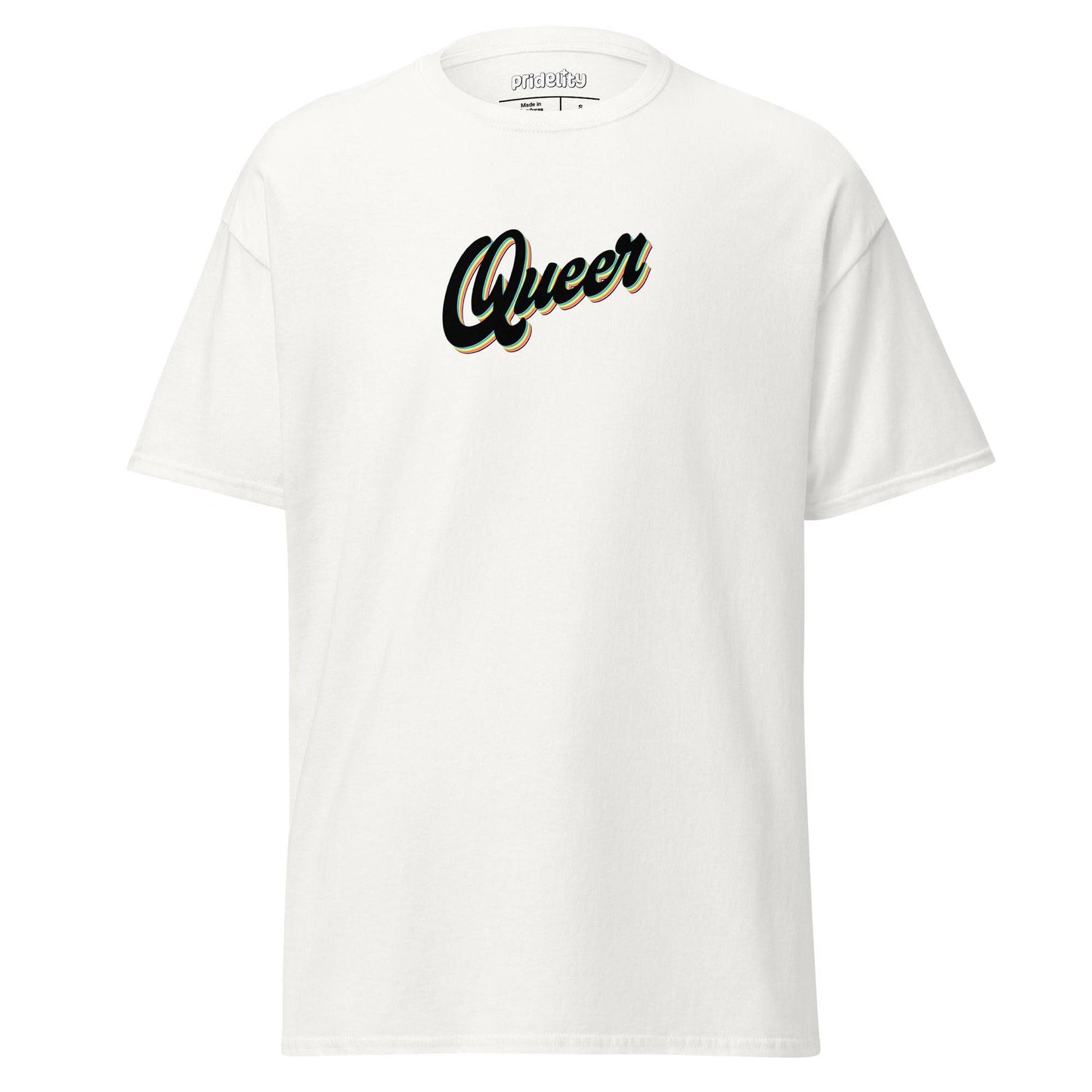 Introducing the Queer T-Shirt by Pridelity, a white pride top that prominently displays the word "Queer" in bold, stylized black and gold letters across the chest.