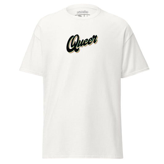 Introducing the Queer T-Shirt by Pridelity, a white pride top that prominently displays the word "Queer" in bold, stylized black and gold letters across the chest.