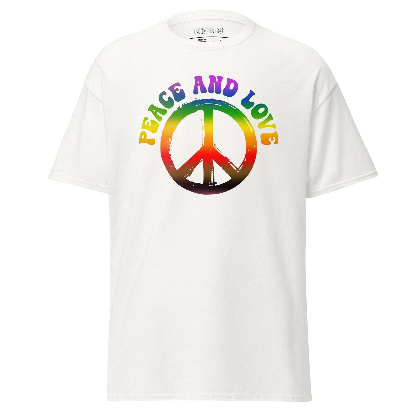 A Pridelity white "Peace & Love" T-shirt showcasing a prominent peace symbol in rainbow colors. The words "Peace and Love" are elegantly displayed above the symbol in a coordinating rainbow gradient, symbolizing unity and inclusivity.