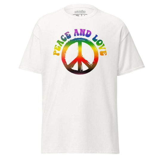 A Pridelity white "Peace & Love" T-shirt showcasing a prominent peace symbol in rainbow colors. The words "Peace and Love" are elegantly displayed above the symbol in a coordinating rainbow gradient, symbolizing unity and inclusivity.