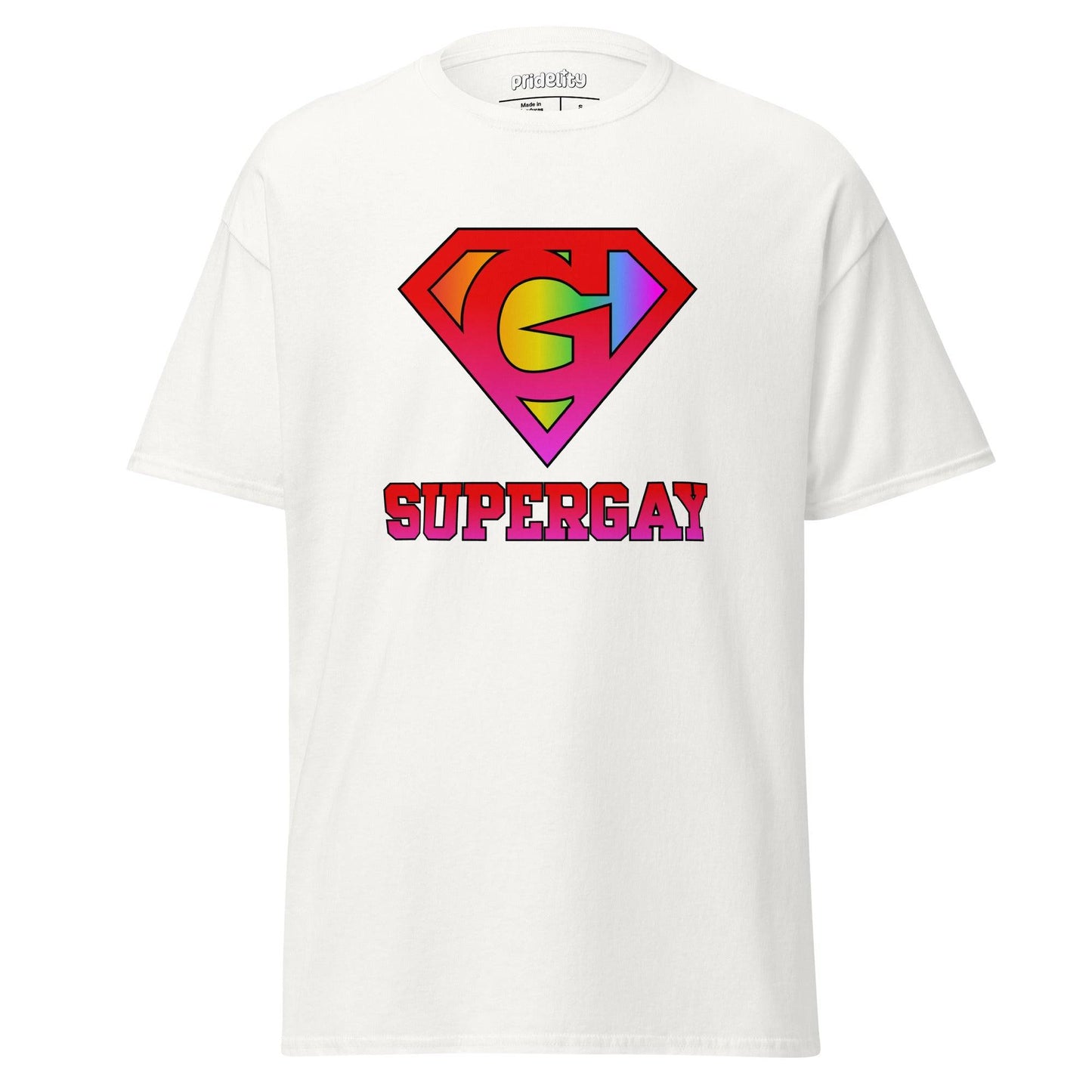 Pridelity's SuperGay T-Shirt in red showcases a rainbow-colored "S" symbol with arrows, reminiscent of the Superman logo, and prominently displays the word "SUPERGAY" underneath in large, bold letters.