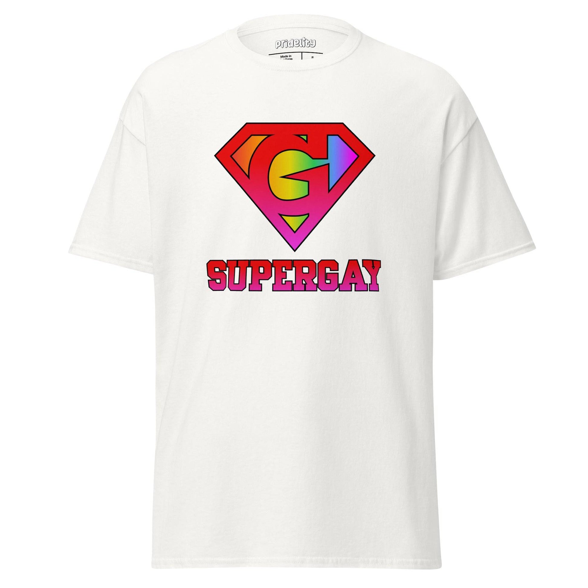 Pridelity's SuperGay T-Shirt in red showcases a rainbow-colored "S" symbol with arrows, reminiscent of the Superman logo, and prominently displays the word "SUPERGAY" underneath in large, bold letters.