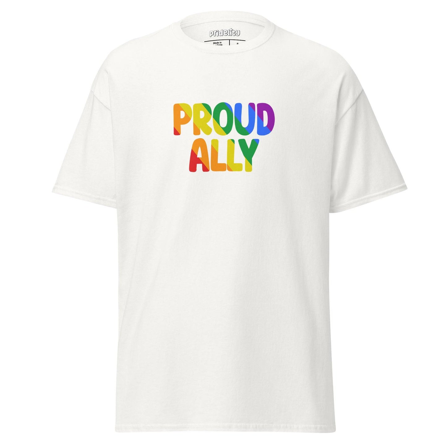 A black Proud Ally T-Shirt from Pridelity, showcasing "Proud Ally" in bold, rainbow-colored letters across the chest.