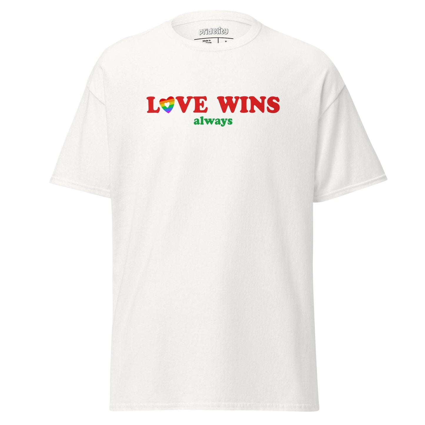 Introducing the Pridelity "Love Wins, Always" T-Shirt in beige, showcasing the phrase "LOVE WINS always" on the front. The design features the word "LOVE" emphasized in red, with a heart in rainbow colors replacing the letter "O.