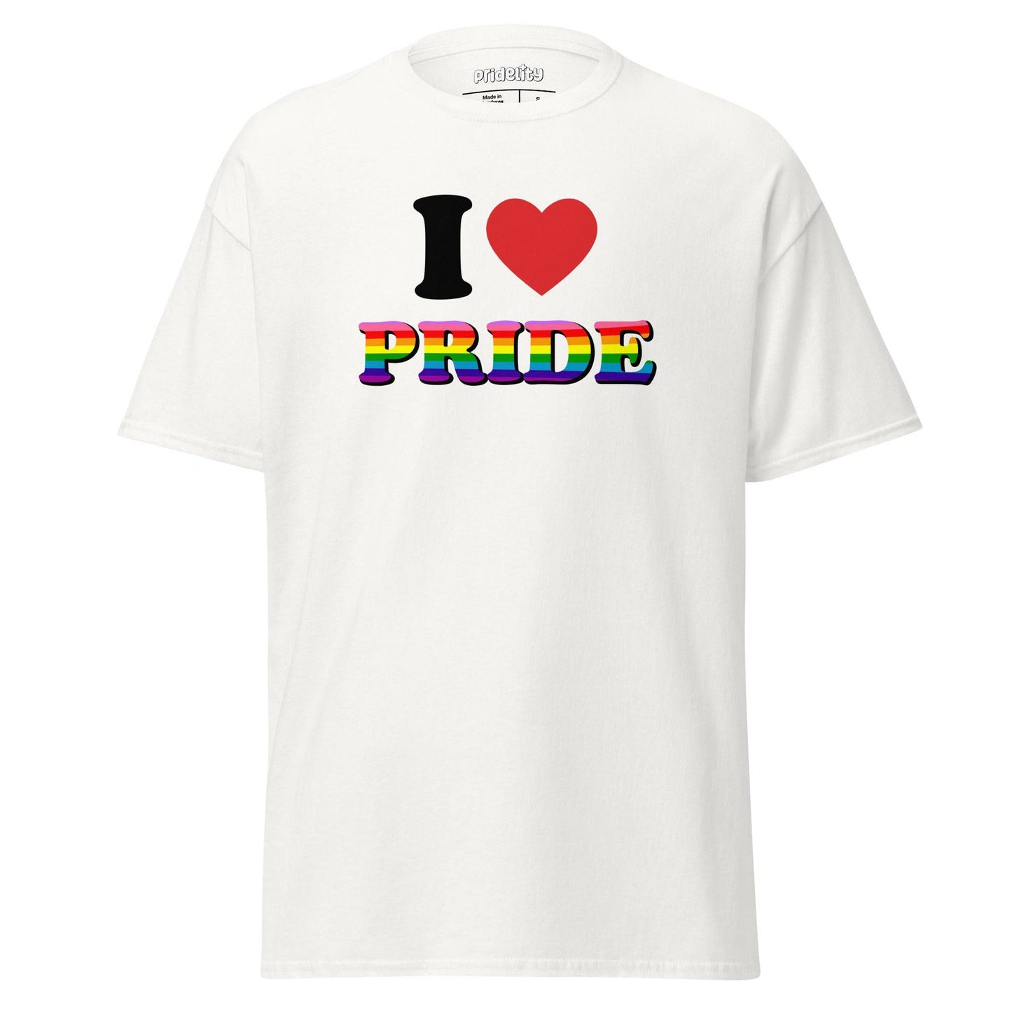 Introducing the I Love Pride T-Shirt from Pridelity: This white T-shirt showcases "I ♥ PRIDE" on the front, with a vibrant red heart and dazzling rainbow-colored letters for "PRIDE".