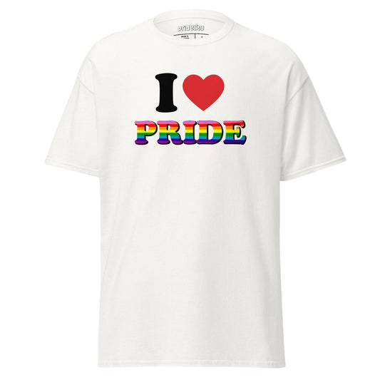 Introducing the I Love Pride T-Shirt from Pridelity: This white T-shirt showcases "I ♥ PRIDE" on the front, with a vibrant red heart and dazzling rainbow-colored letters for "PRIDE".