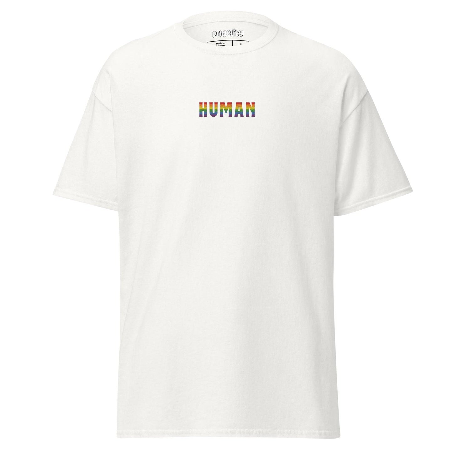 Introducing the "Human T-Shirt" by Pridelity, a striking black pride tee featuring the word "HUMAN" in bold, vibrant rainbow colors across the chest. This standout piece in any pride collection proudly showcases the Pridelity label on the inside. Displayed against a simple white background, this shirt is a true symbol of unity and inclusivity.