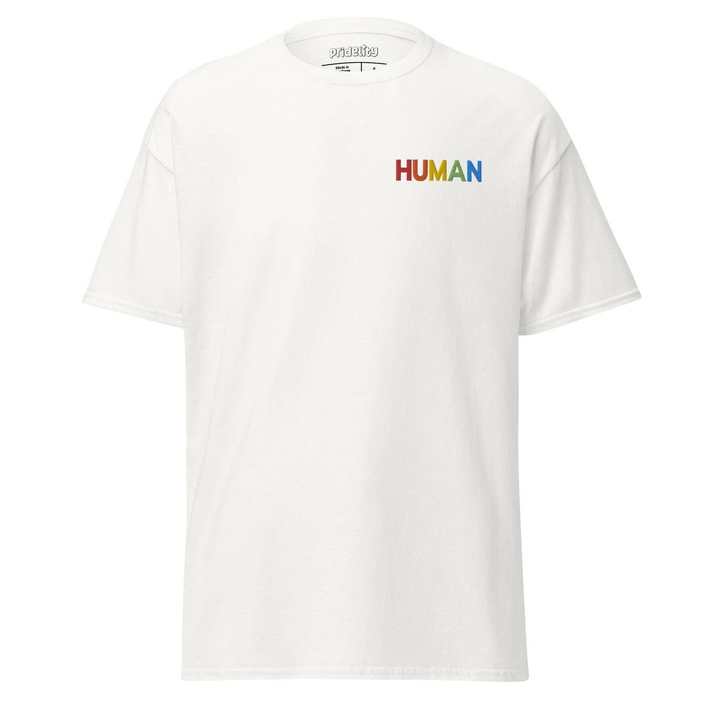 A natural-colored Pridelity Human T-Shirt, adorned with the word "HUMAN" beautifully printed in vibrant rainbow colors on the upper left side.