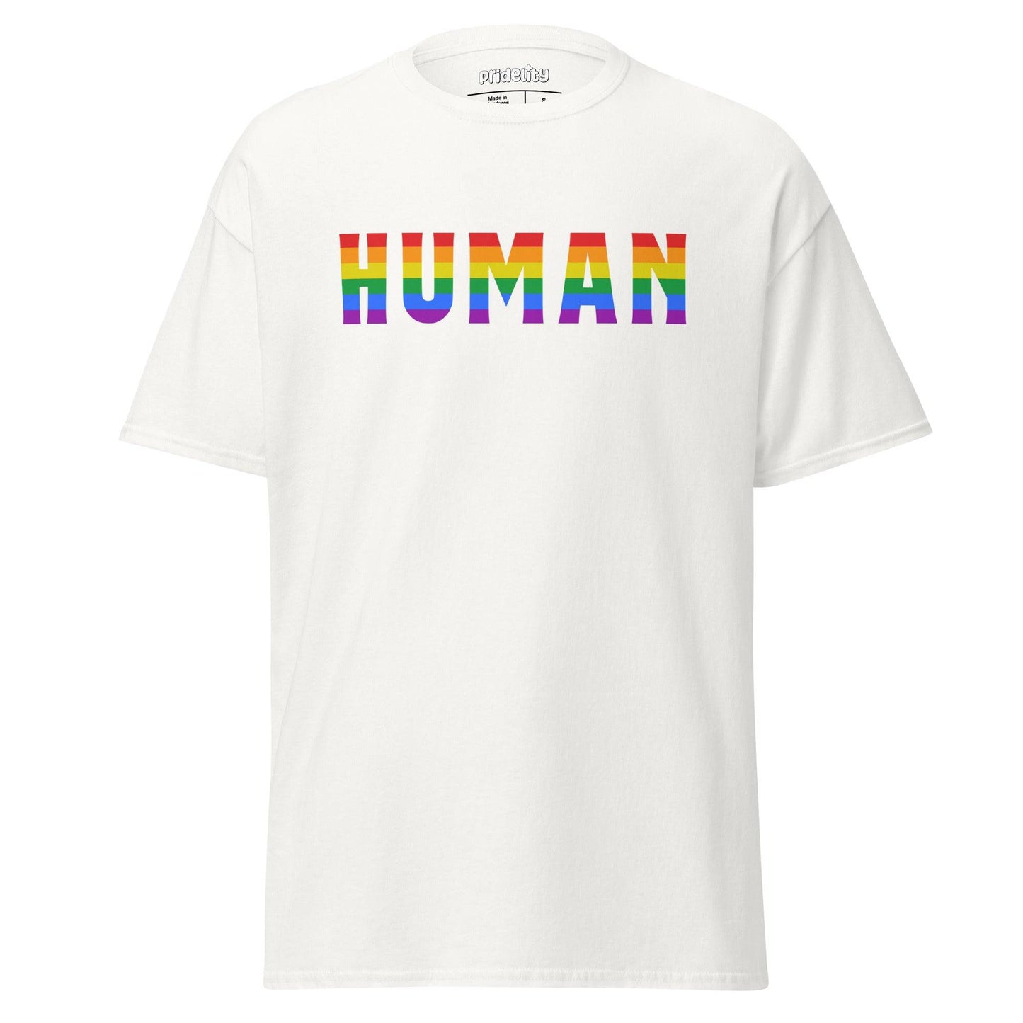Introducing the Human T-Shirt by Pridelity: a stylish black tee featuring the word "HUMAN" in bold, uppercase letters filled with a vibrant rainbow gradient. This pride shirt embodies diversity and inclusion, celebrating unity and acceptance with flair.