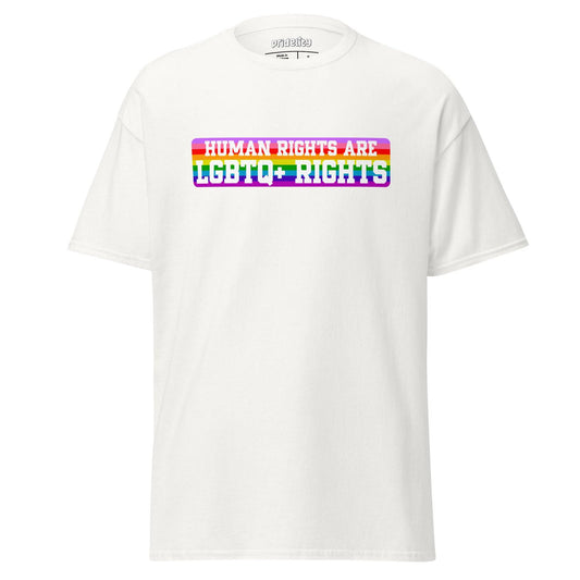 Introducing the LGBTQ+ Rights T-Shirt from Pridelity: This pride shirt features a white t-shirt with a vibrant, colorful rectangle centered on the chest, showcasing the bold, rainbow-colored text "Human Rights Are LGBTQ+ Rights.