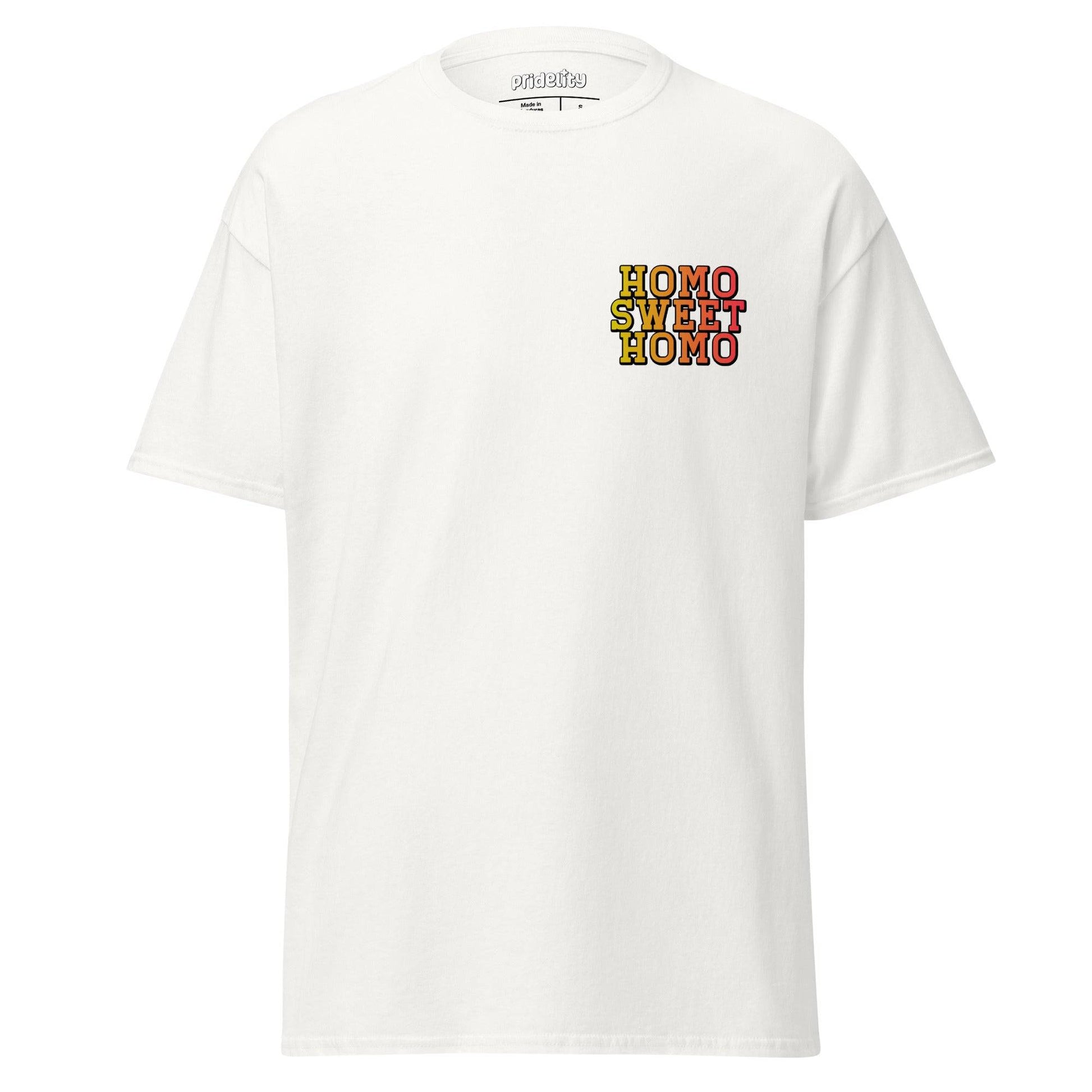 Radiant orange Homo Sweet Homo T-shirt by Pridelity, showcasing the vibrant multicolored "HOMO SWEET HOMO" text across the chest, ideal for celebrating pride collections.