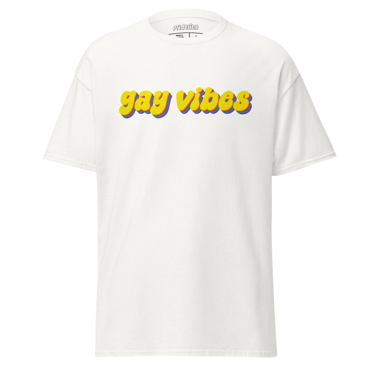 A gold Gay Vibes T-Shirt, crafted by Pridelity, features the bold and colorful "gay vibes" lettering on the front, celebrating vibrant pride merchandise.