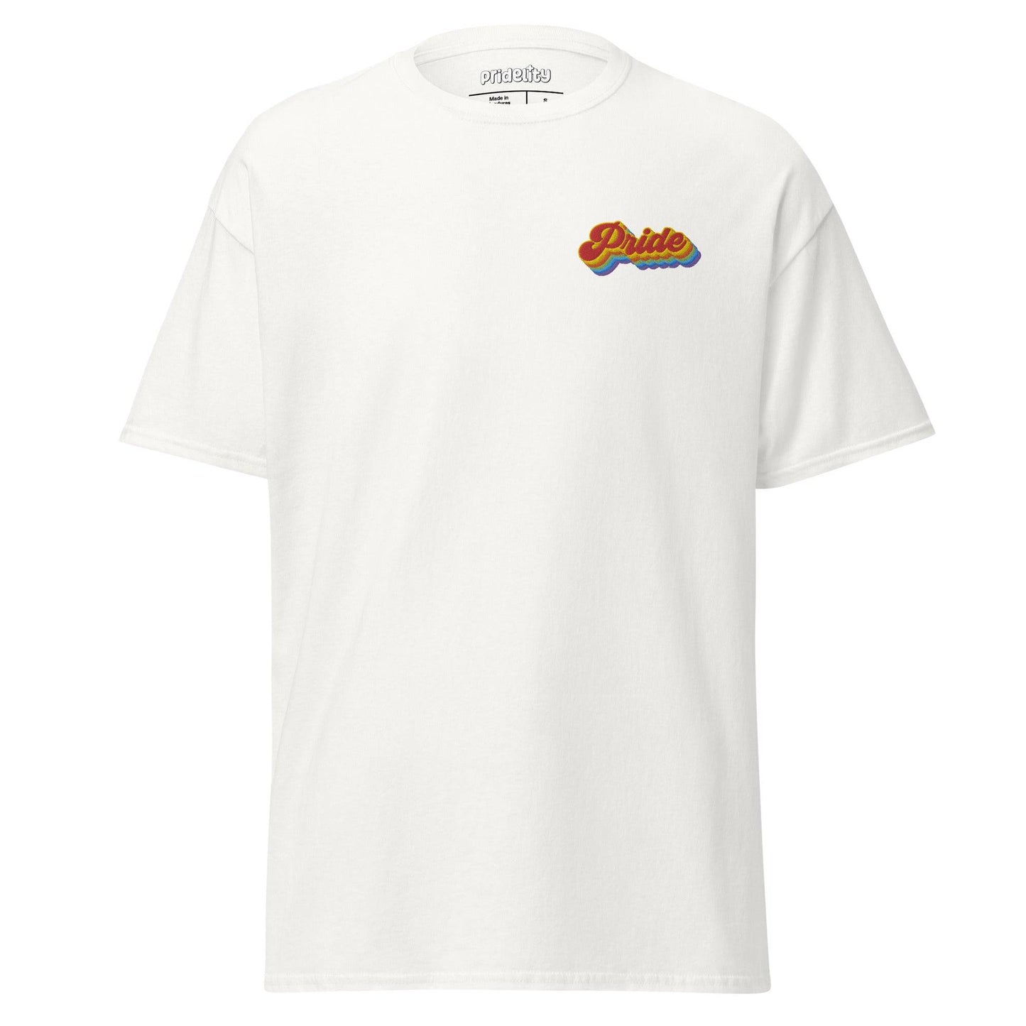 A Pride T-Shirt in vibrant red showcases a small, colorful "Pride" logo on the chest, with the brand name "Pridelity" elegantly displayed on the inside label at the neck.