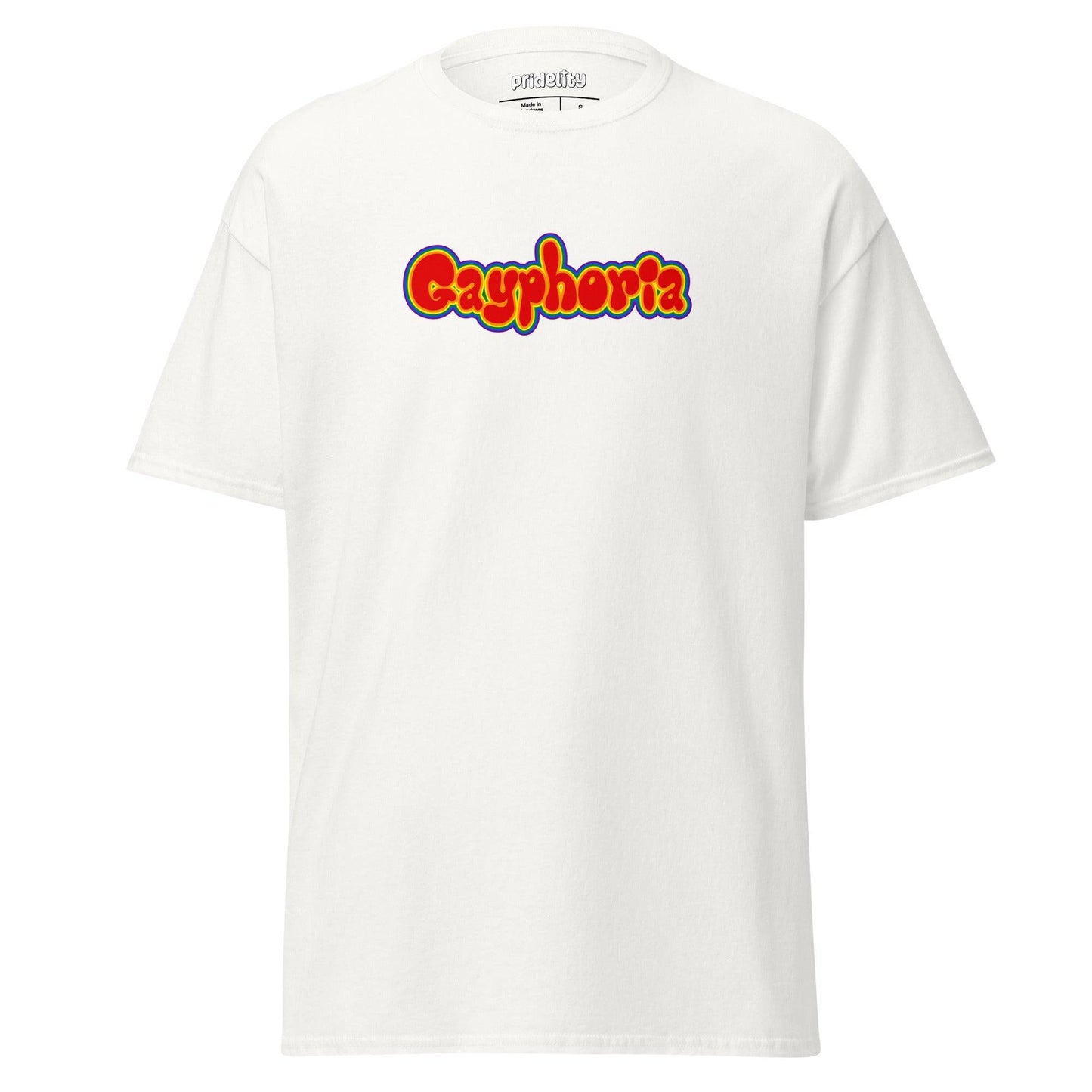 Introducing our Gayphoria T-Shirt from Pridelity, featuring "Gayphoria" in vibrant, bold letters on a red canvas, as part of our exclusive pride collections.