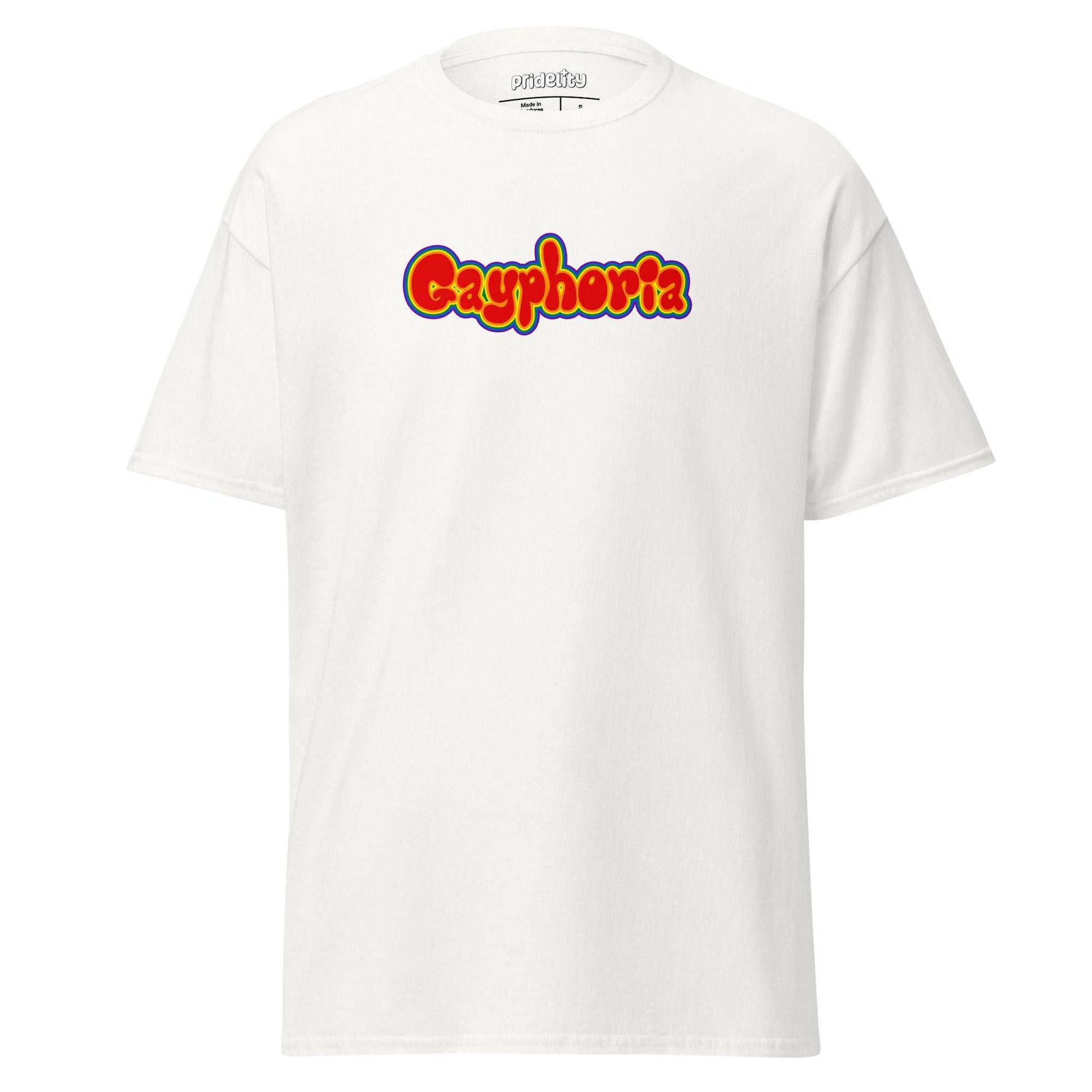 Introducing our Gayphoria T-Shirt from Pridelity, featuring "Gayphoria" in vibrant, bold letters on a red canvas, as part of our exclusive pride collections.