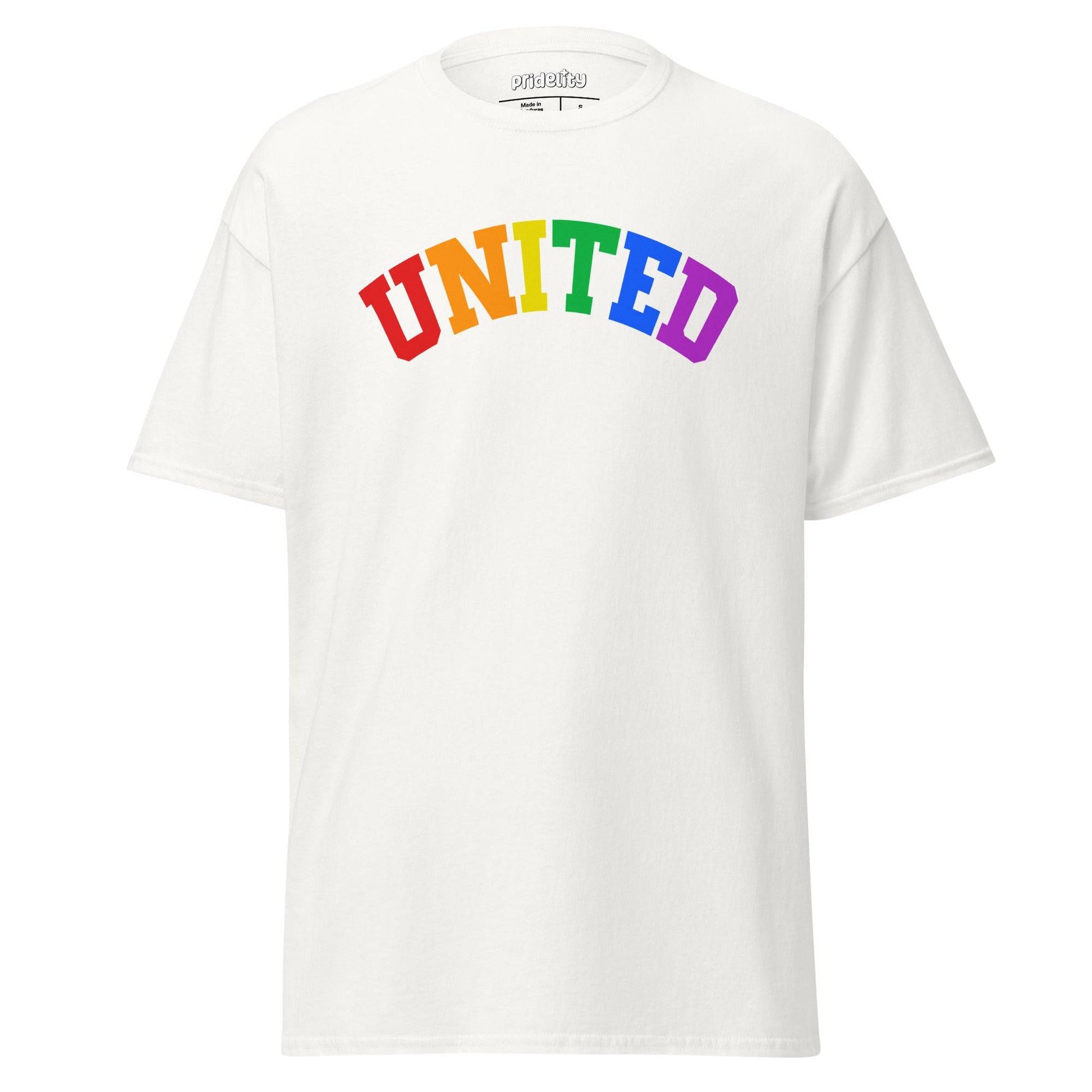 The Pridelity United T-Shirt showcases the word "UNITED" prominently on the front, with each letter seamlessly transitioning through vibrant rainbow colors.