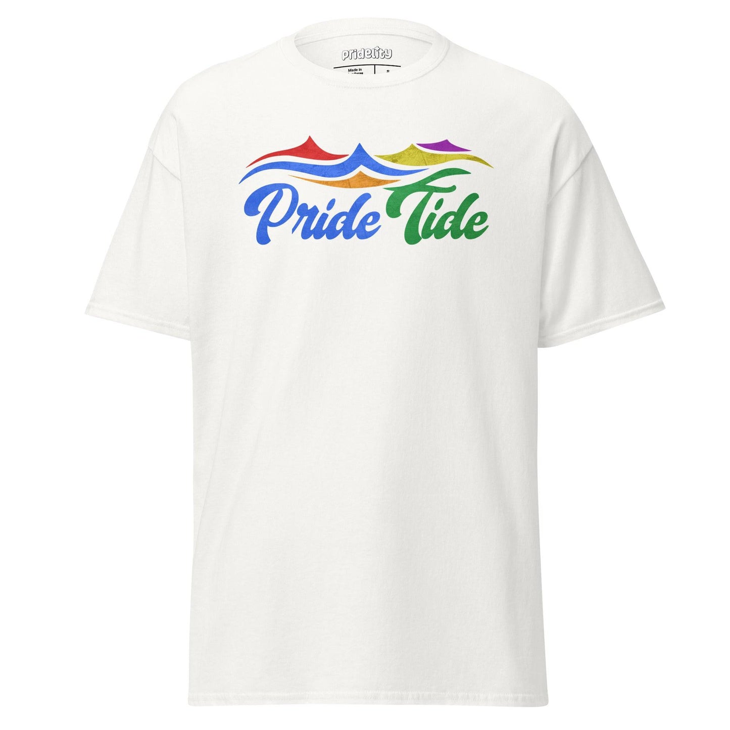 A black t-shirt from Pridelity features the words "Pride Tide" in vibrant rainbow colors, with stylized wave shapes also depicted in rainbow hues.