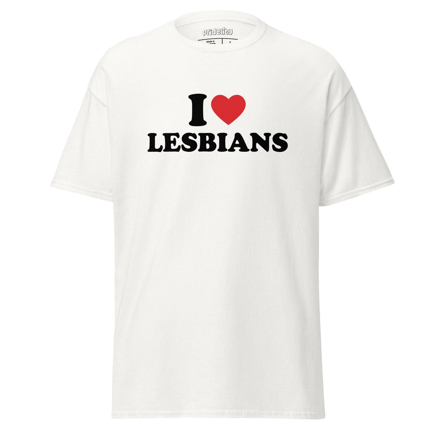 The "I Love Lesbians T-Shirt" by Pridelity is a pink pride shirt showcasing bold text saying "I ♥ LESBIANS" on the front, highlighted with a vibrant red heart symbol.