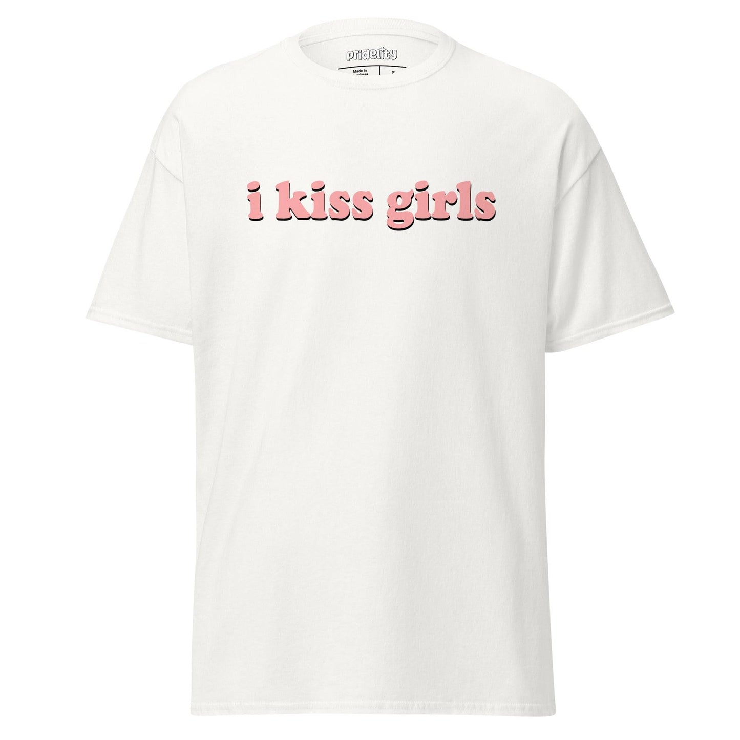 Introducing the I Kiss Girls T-Shirt by Pridelity: a white pride shirt with standout pink text saying "i kiss girls," designed on a simple backdrop.