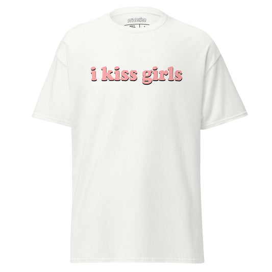 Introducing the I Kiss Girls T-Shirt by Pridelity: a white pride shirt with standout pink text saying "i kiss girls," designed on a simple backdrop.