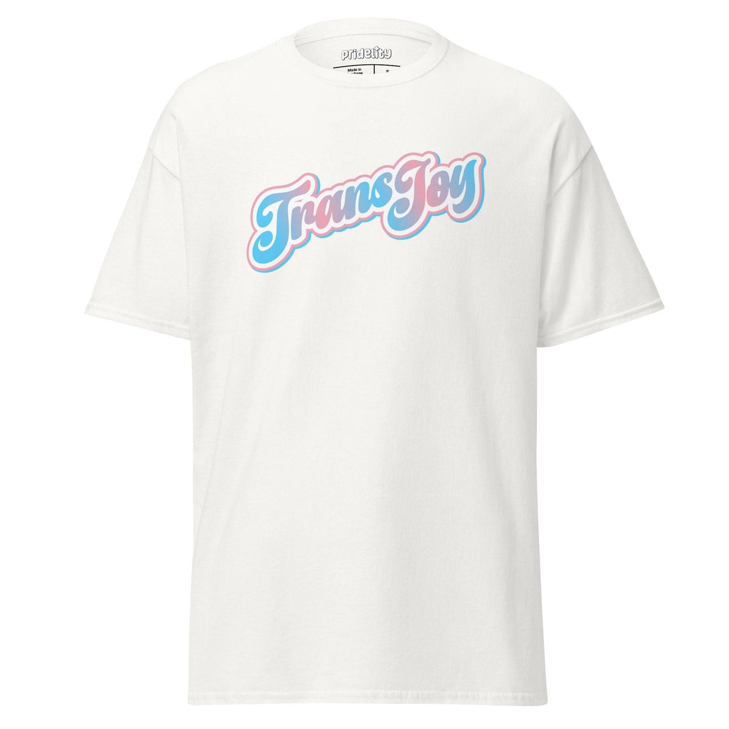 A light blue Pridelity T-shirt, named the Trans Joy T-Shirt, showcases the phrase "Trans Joy" in a stylized pink and white font across the chest.