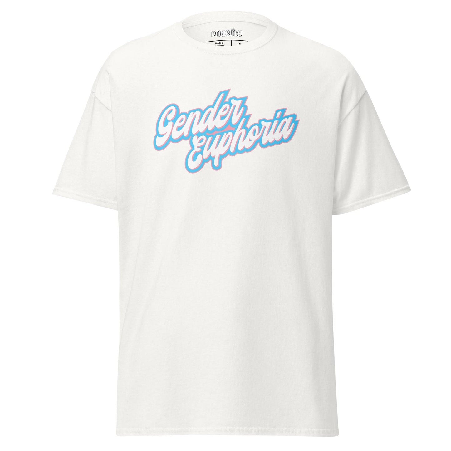 Light blue Pridelity T-shirt from our exclusive pride collection, featuring "Gender Euphoria" boldly printed in white and pink script across the front.