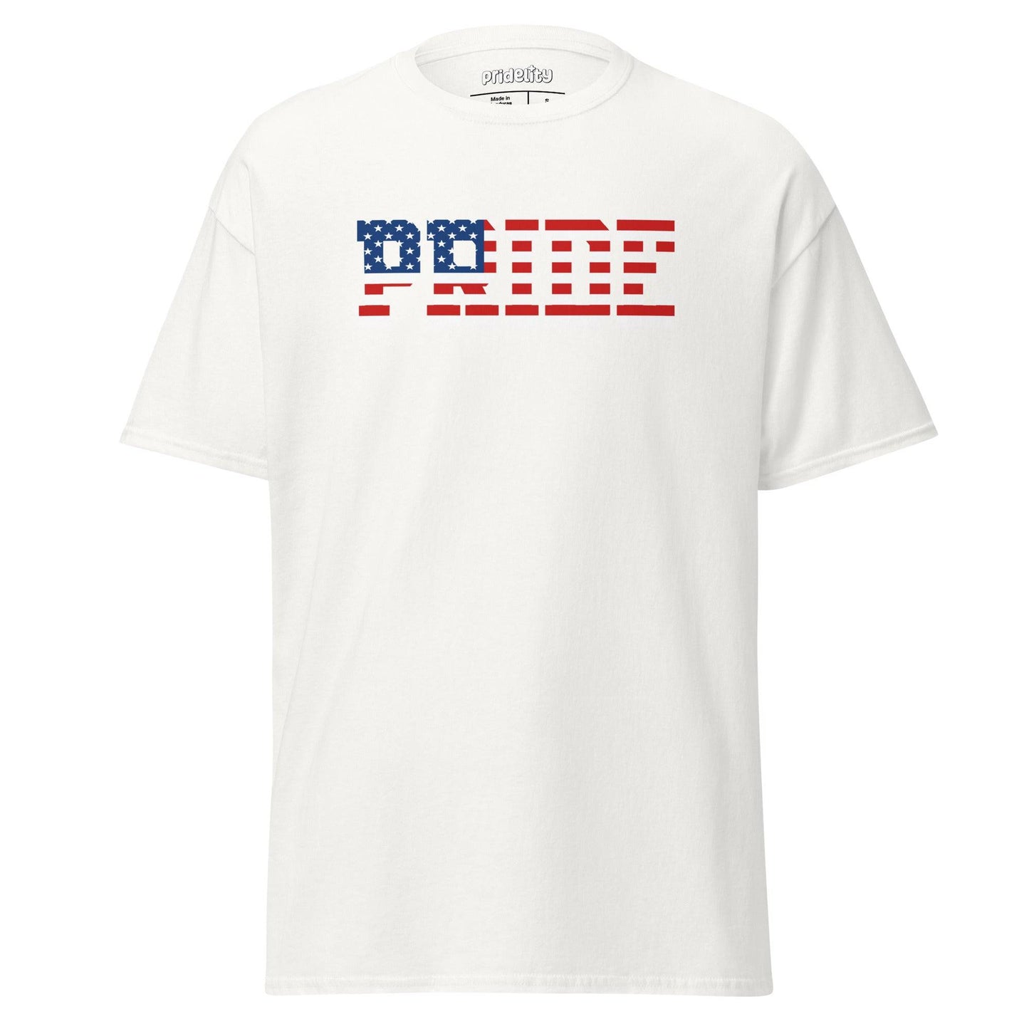 Introducing the American Pride T-Shirt from Pridelity's Pride Collections. This stylish black tee prominently features "PRIDE" in bold letters with an American flag pattern. The design celebrates diversity through stars and stripes in vibrant red, white, and blue—ideal for anyone looking to proudly express their pride with fashionable merch.