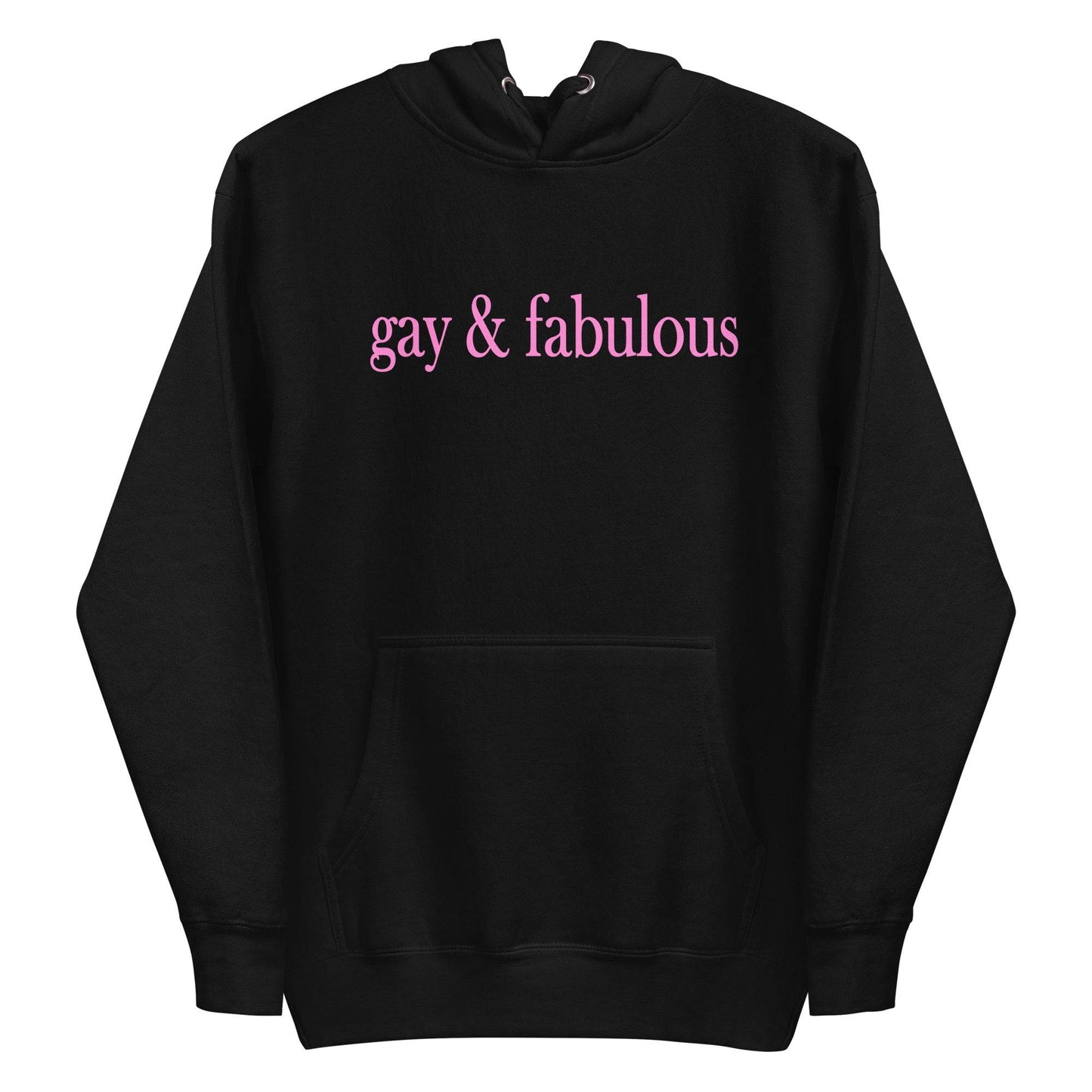 Introducing the Pridelity "Gay & Fabulous" Hoodie in maroon, featuring a front pocket and the phrase "gay & fabulous" prominently displayed in pink across the chest.
