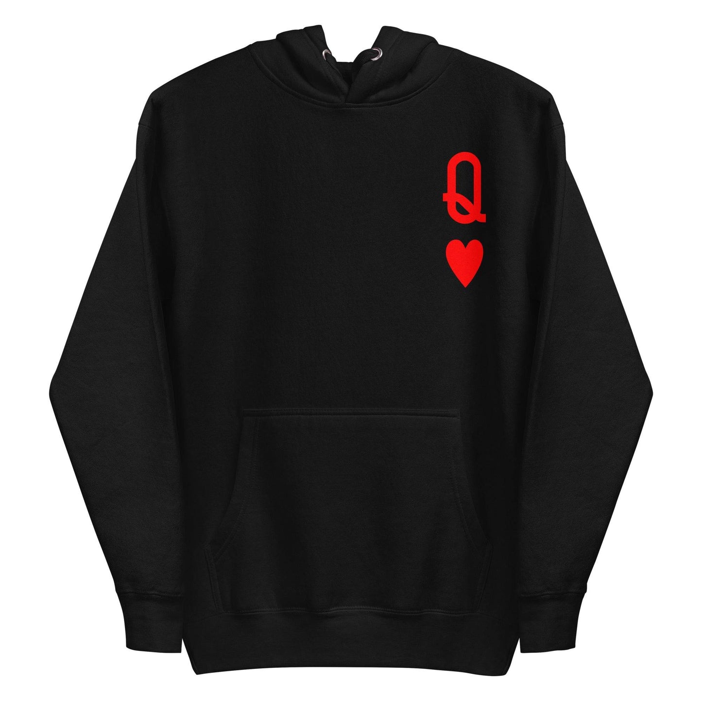 Presenting the Queen of Hearts Hoodie by Pridelity: a white hoodie adorned with a red "Q" topped with a crown-like loop and a red heart below it on the chest, capturing the essence of a playing card. As part of our Pride Collection, this cozy garment celebrates LGBTQ+ identity, complete with a front pocket and drawstring hood.