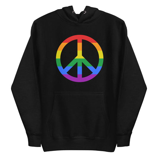 The Peace Hoodie by Pridelity showcases a rainbow peace symbol on the front of a black hoodie, set against a plain white background, making it an ideal addition to your pride shirt collection.