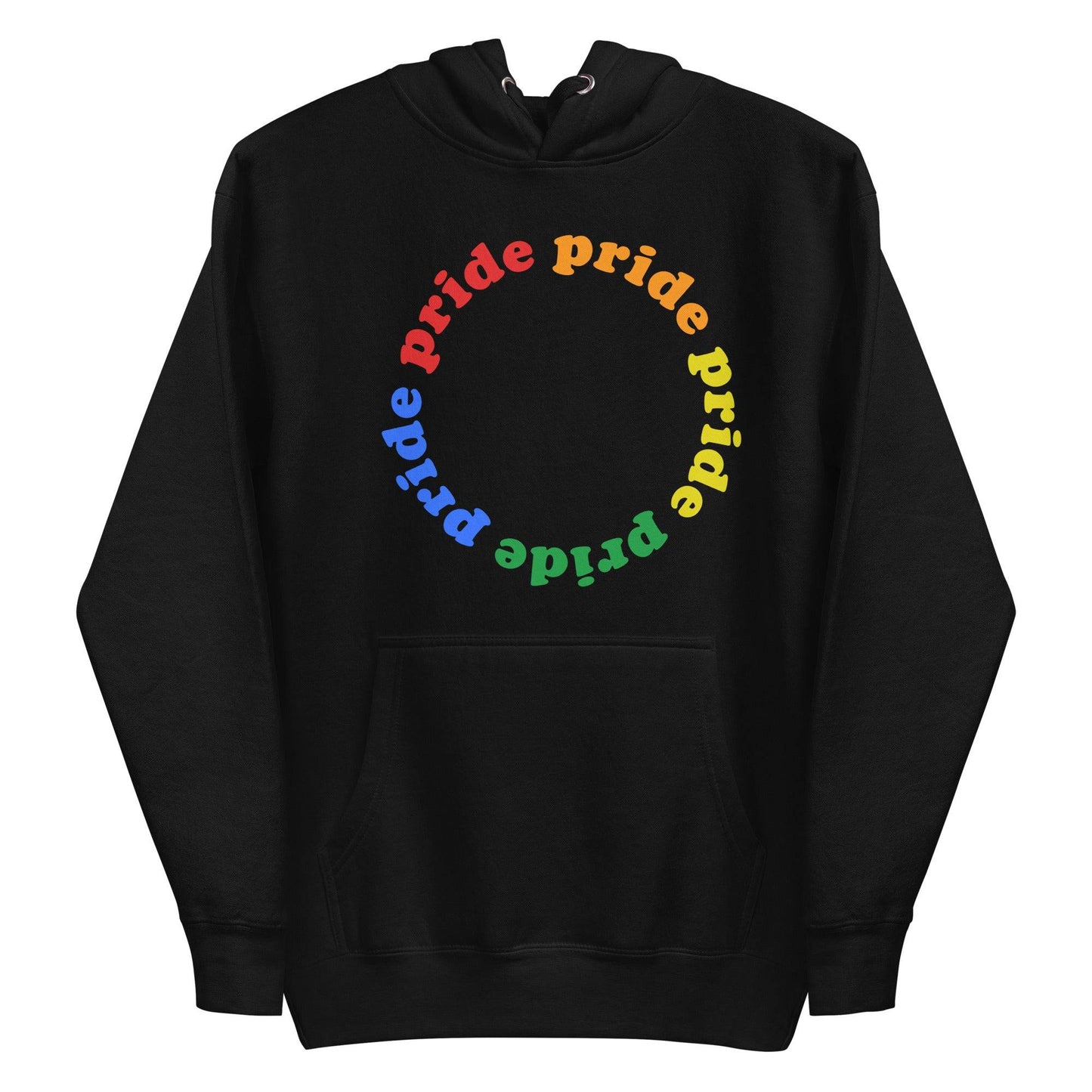 Introducing the Pride Circle Hoodie by Pridelity, a stylish white hoodie that celebrates pride with a captivating circular design featuring the word "pride" in vibrant rainbow-gradient letters. This cozy garment perfectly blends the classic appeal of traditional pride shirts with modern comforts like a front pocket and drawstring hood.