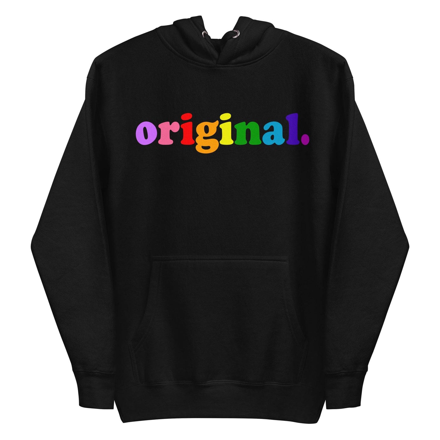 Introducing the Original Hoodie by Pridelity, a black hoodie featuring the word "original" in bold rainbow-colored letters across the chest, capturing the essence of pride shirts. It includes a front pocket and a drawstring hood for both comfort and style.