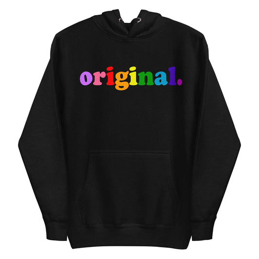 Introducing the Original Hoodie by Pridelity, a black hoodie featuring the word "original" in bold rainbow-colored letters across the chest, capturing the essence of pride shirts. It includes a front pocket and a drawstring hood for both comfort and style.