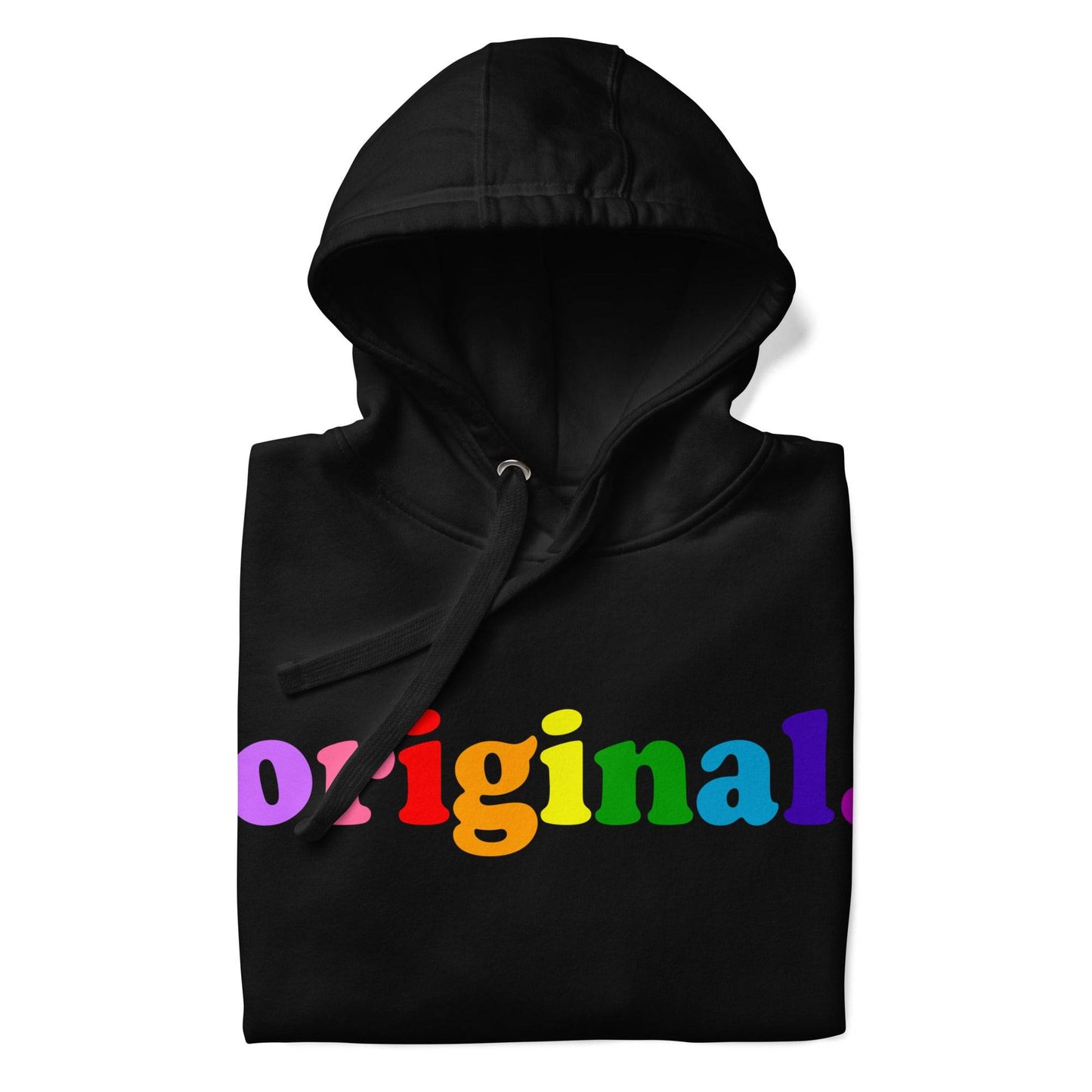 Introducing the Original Hoodie by Pridelity, a black hoodie featuring the word "original" in bold rainbow-colored letters across the chest, capturing the essence of pride shirts. It includes a front pocket and a drawstring hood for both comfort and style.