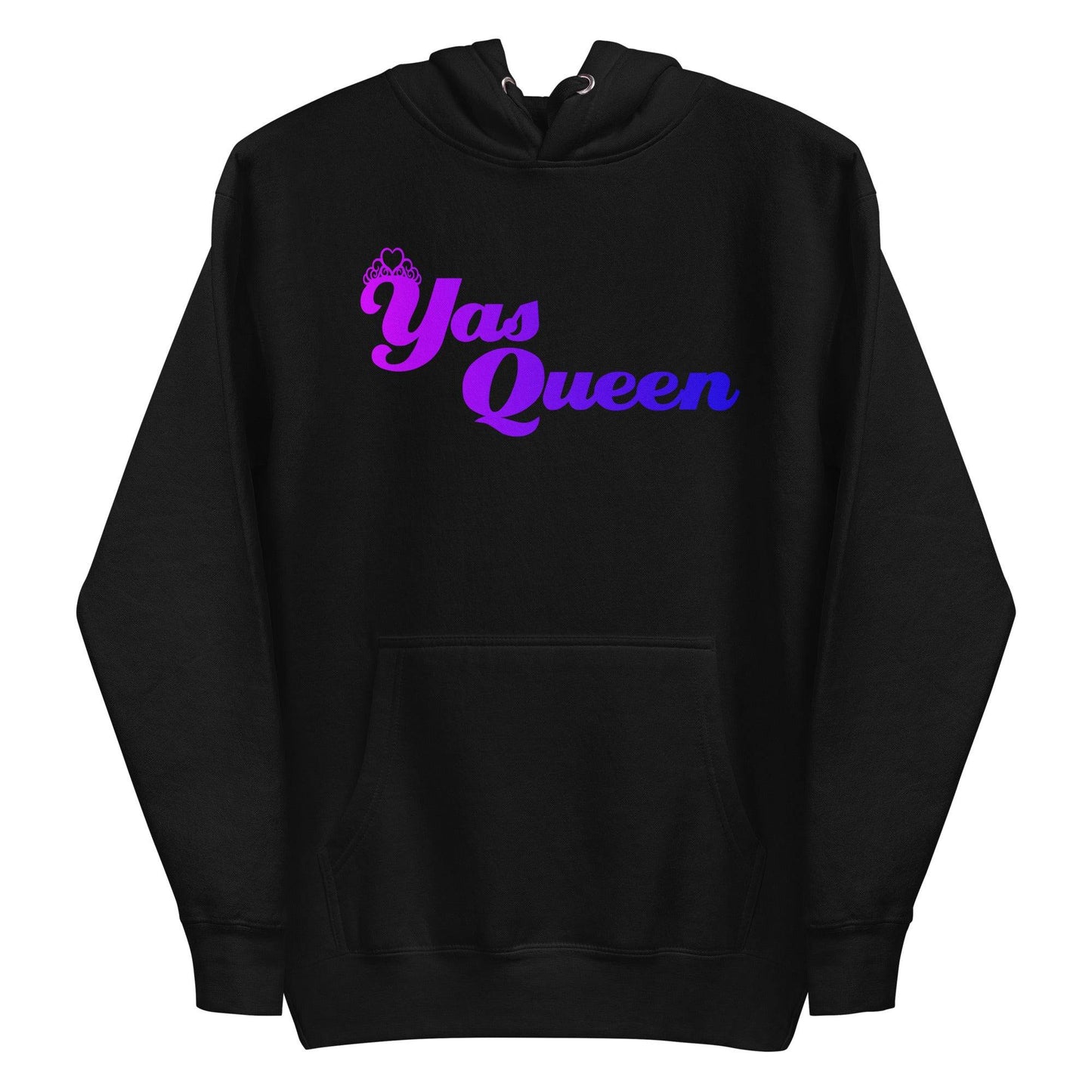 Introducing the Yas Queen Hoodie by Pridelity, a black hoodie from their pride collection. This stylish piece features "Yas Queen" in bold purple and pink lettering across the front to celebrate LGBTQ+ spirit, complete with a regal crown design above the "Y" for an extra touch of flair.