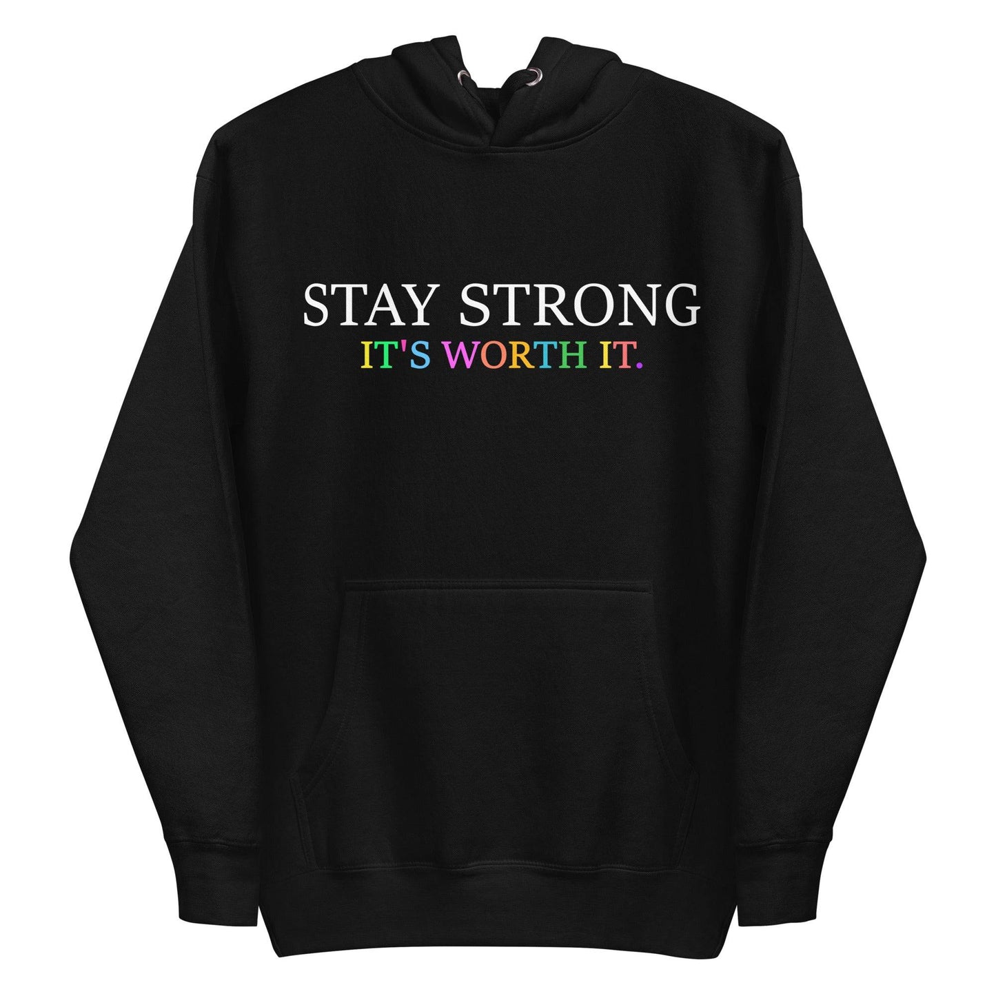 Introducing the "Stay Strong Hoodie" from Pridelity! This black hoodie, part of the pride collection, features a striking design with "STAY STRONG" in white and "IT'S WORTH IT" in vibrant, colorful letters on the front. It's the perfect way to show your support while adding a splash of LGBTQ+ pride to your wardrobe.