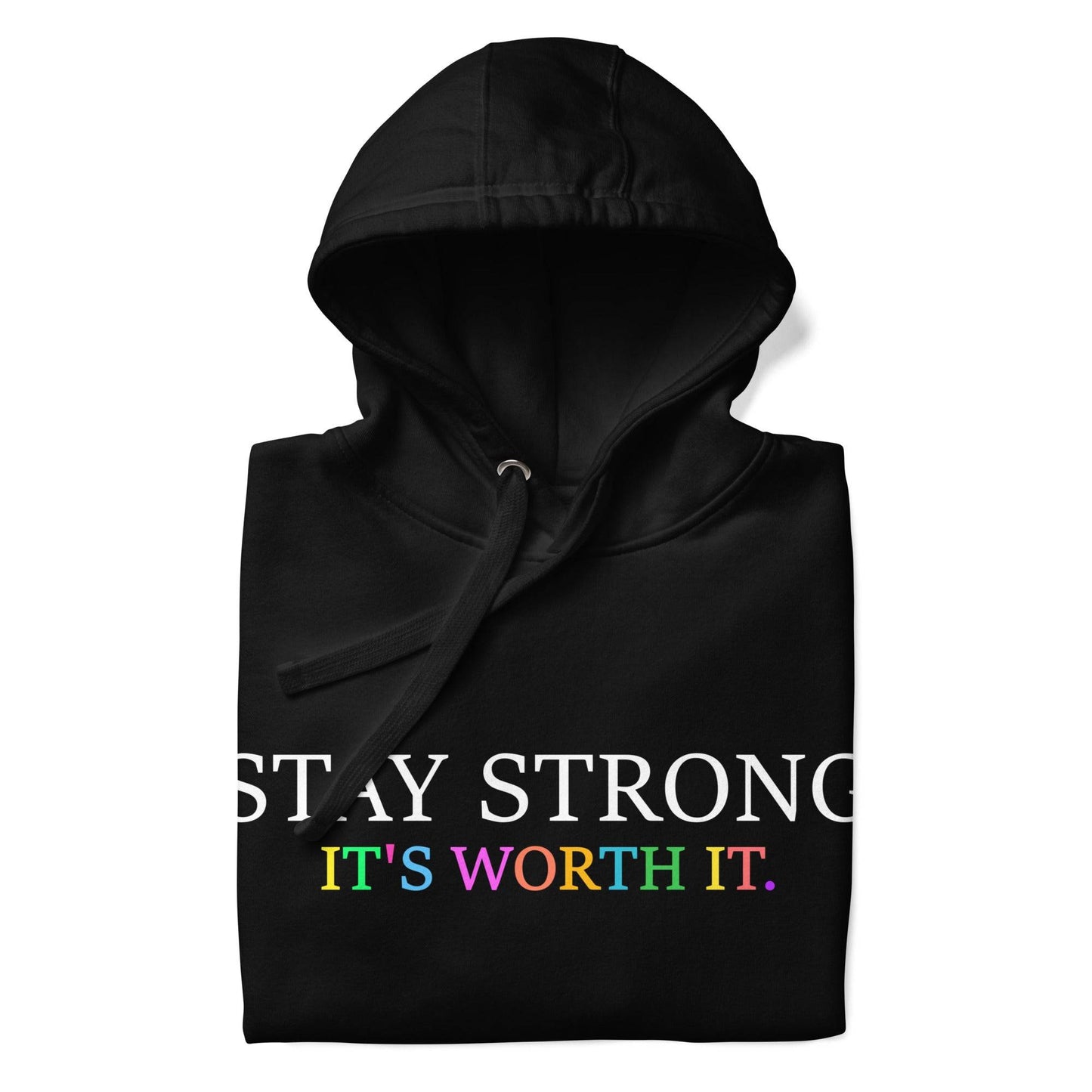 Introducing the "Stay Strong Hoodie" from Pridelity! This black hoodie, part of the pride collection, features a striking design with "STAY STRONG" in white and "IT'S WORTH IT" in vibrant, colorful letters on the front. It's the perfect way to show your support while adding a splash of LGBTQ+ pride to your wardrobe.